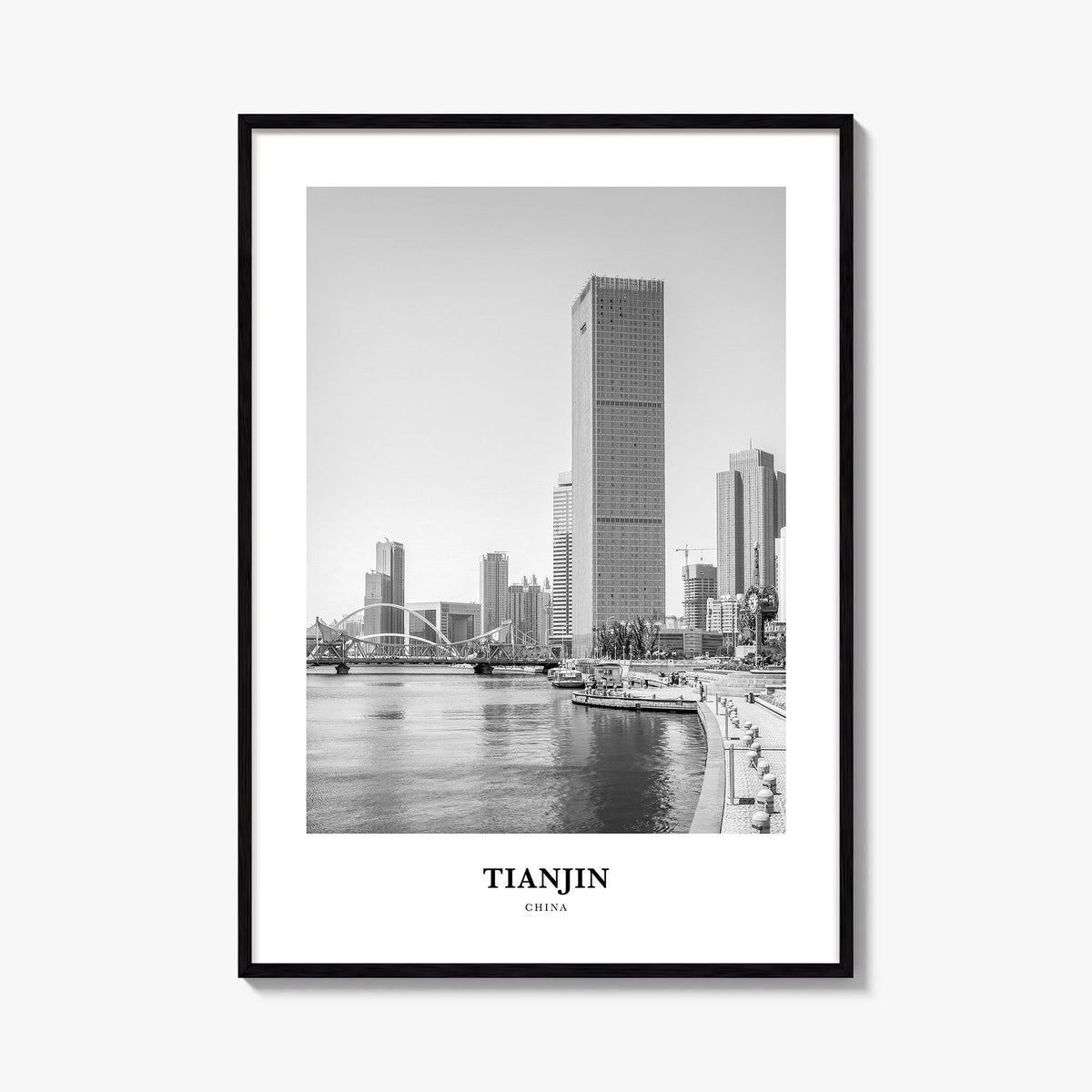 Tianjin black & white classic poster of China – vertical wall art, unframed print shown in interior mockup