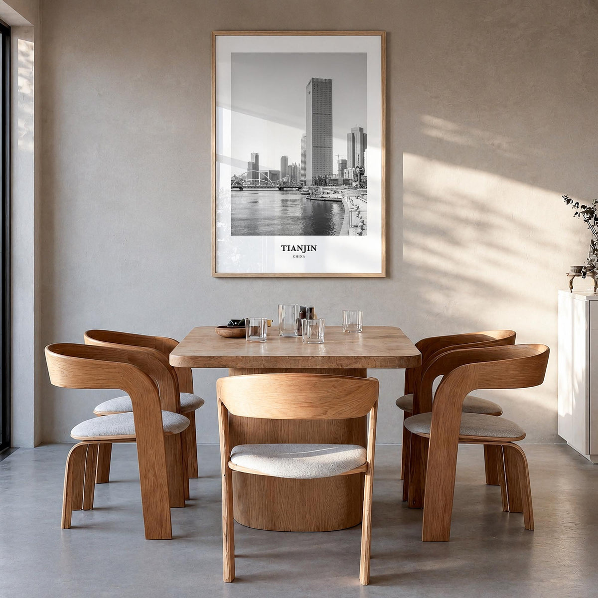 Tianjin black & white classic poster of China – vertical wall art in natural wood frame, hanging on wall
