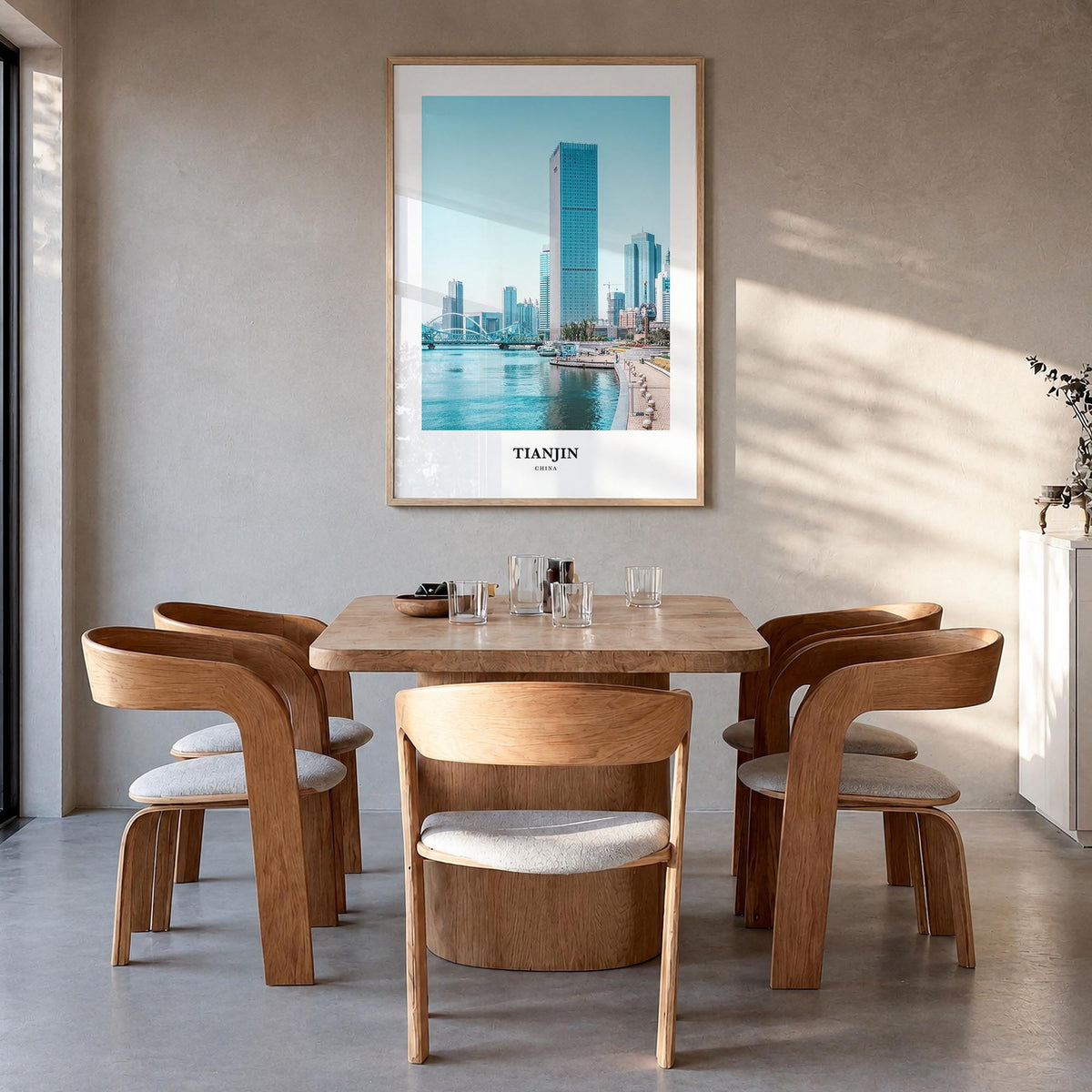 Tianjin colorful classic poster of China – vertical wall art in natural wood frame, hanging on wall