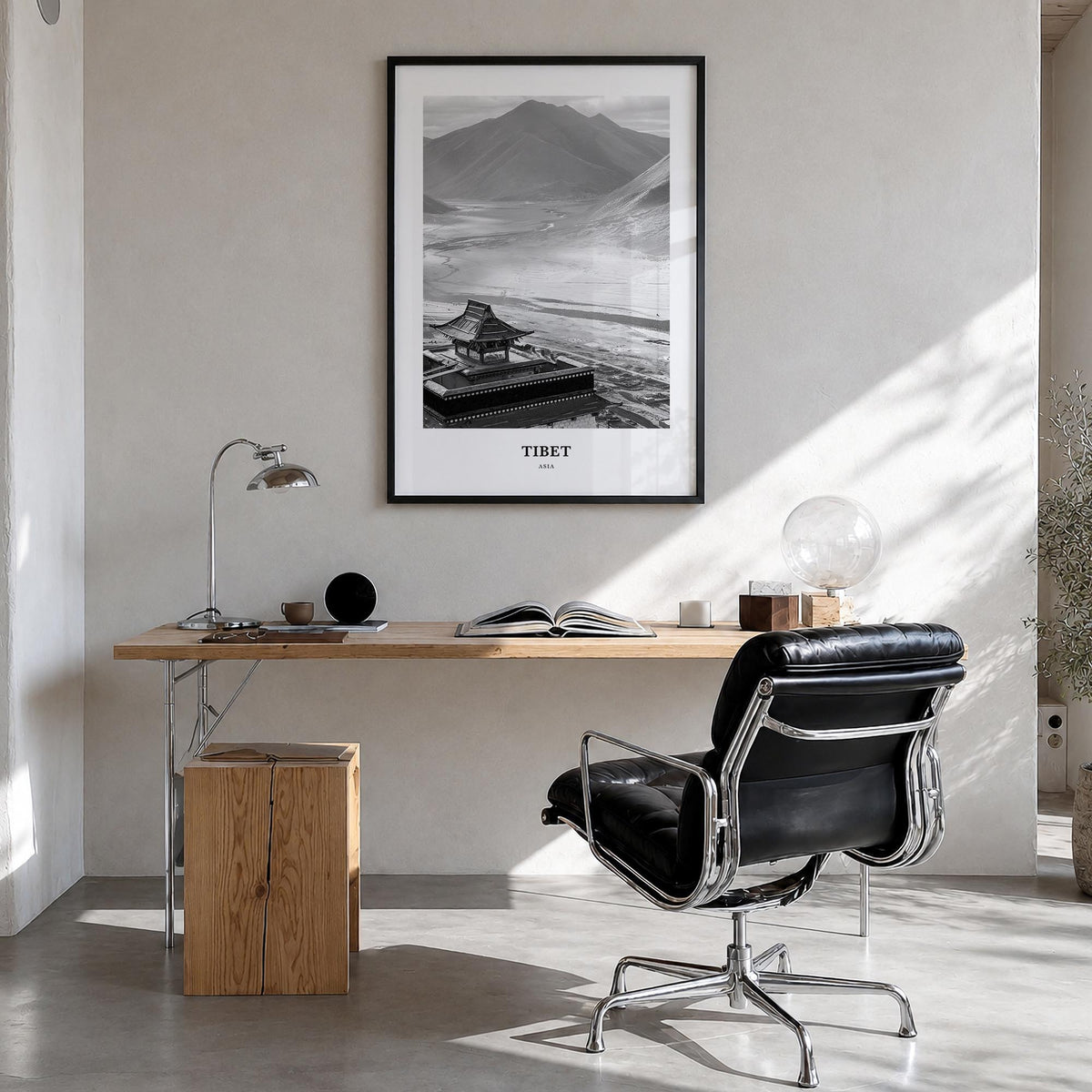 Tibet black & white classic poster of China – vertical wall art in black wood frame, hanging on wall