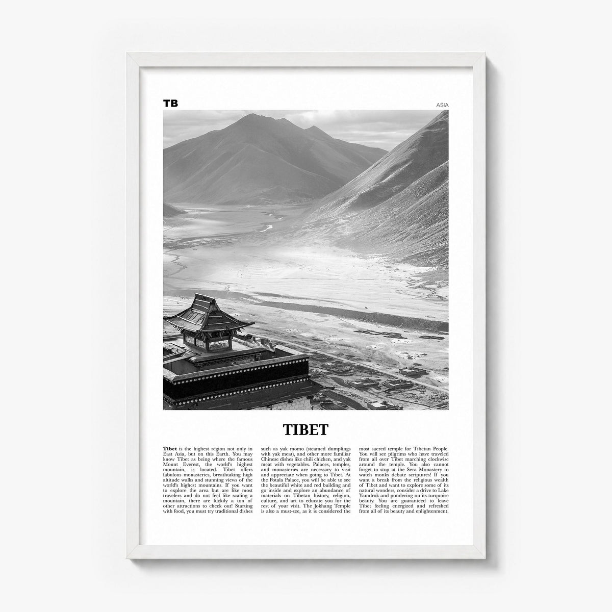 Tibet Newspaper Poster in a white wood frame