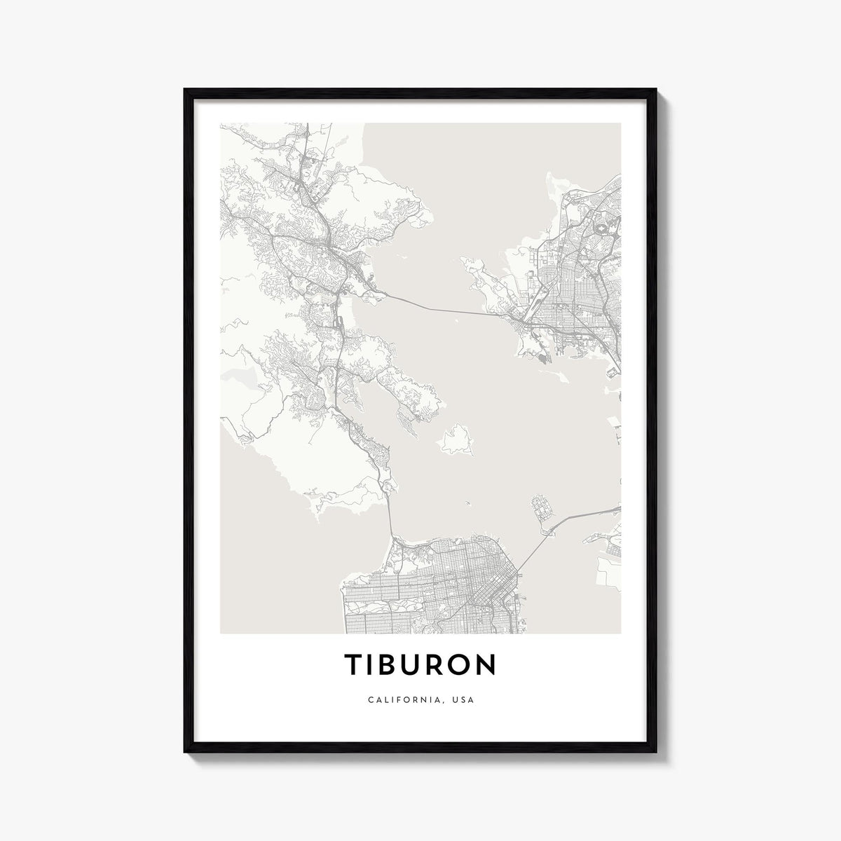 Tiburon black & white map poster of California, USA – vertical wall art, unframed print shown in interior mockup