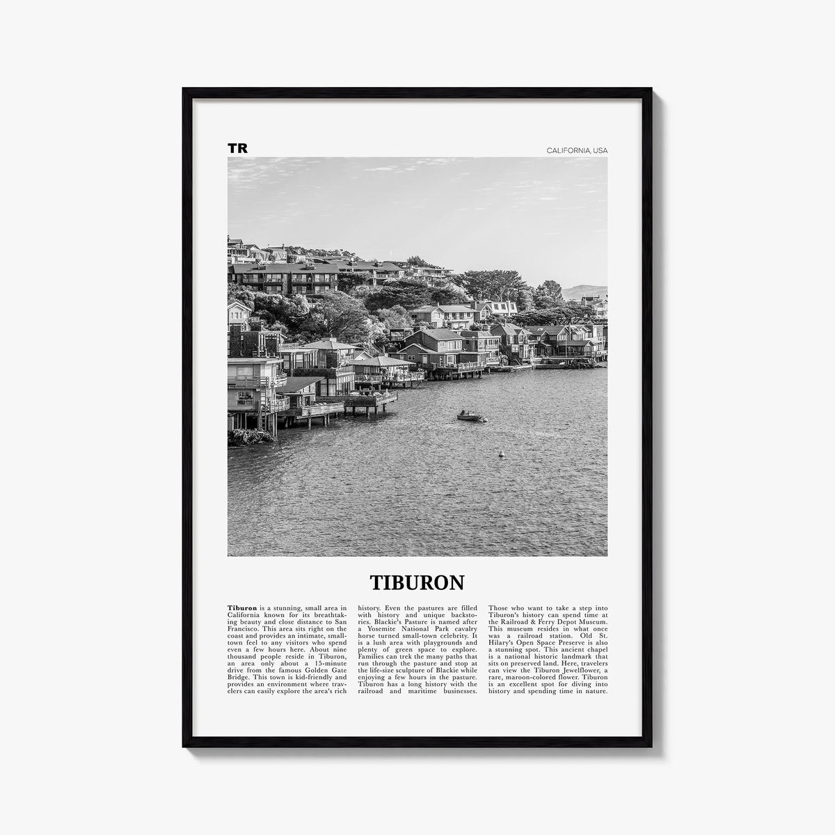 Tiburon black & white newspaper poster of California, USA – vertical wall art, unframed print shown in interior mockup