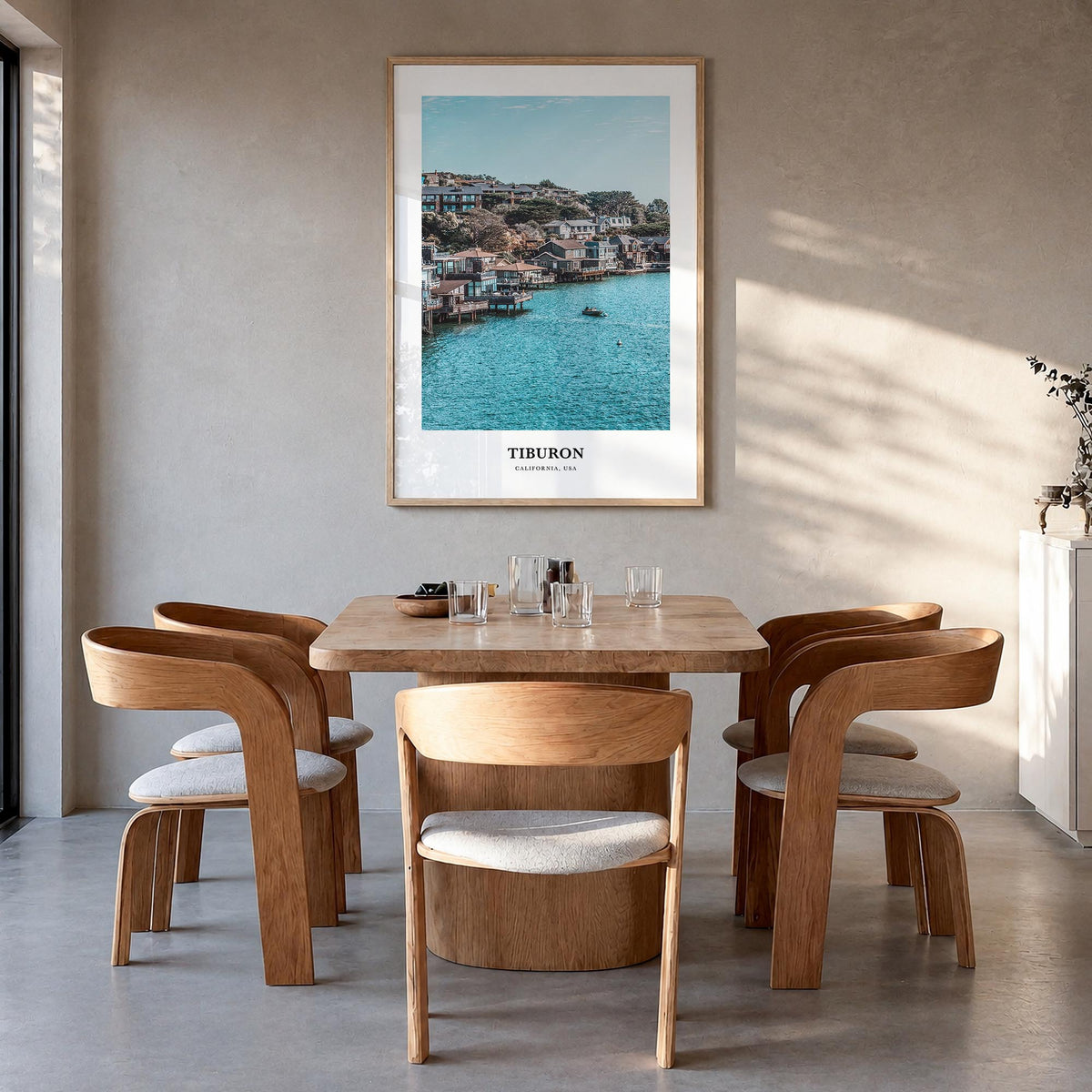 Tiburon colorful classic poster of California, USA – vertical wall art in natural wood frame, hanging on wall