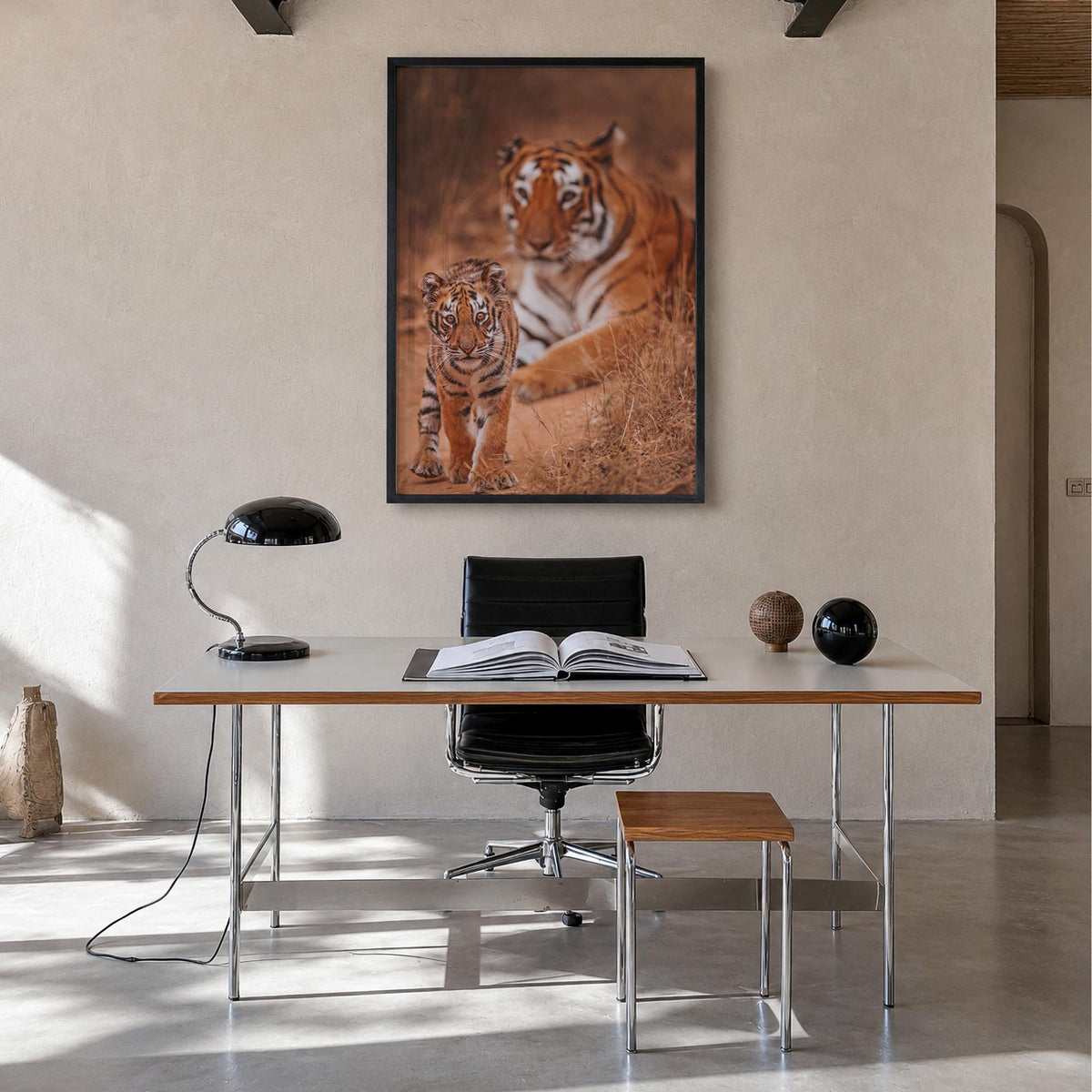 Tiger colorful photo poster – vertical wall art in black wood frame, hanging on wall