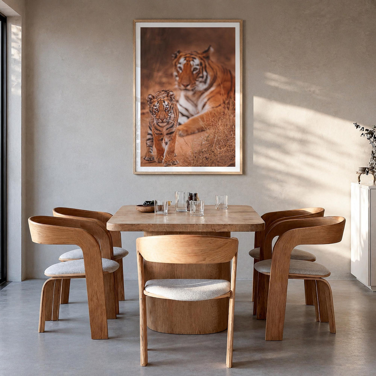 Tiger colorful photo poster – vertical wall art in natural wood frame with white border, hanging on wall