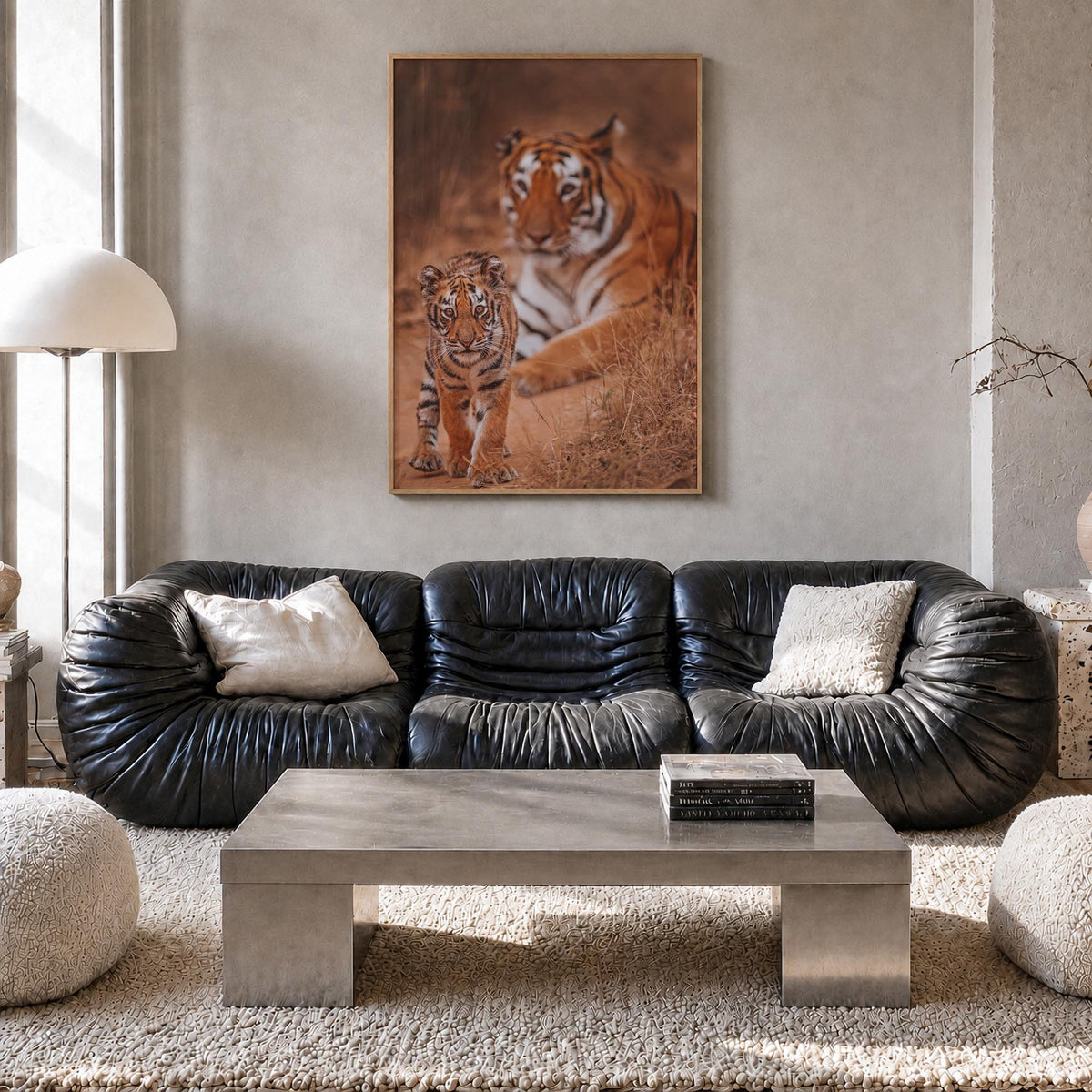 Tiger colorful photo poster – vertical wall art in natural wood frame, hanging on wall
