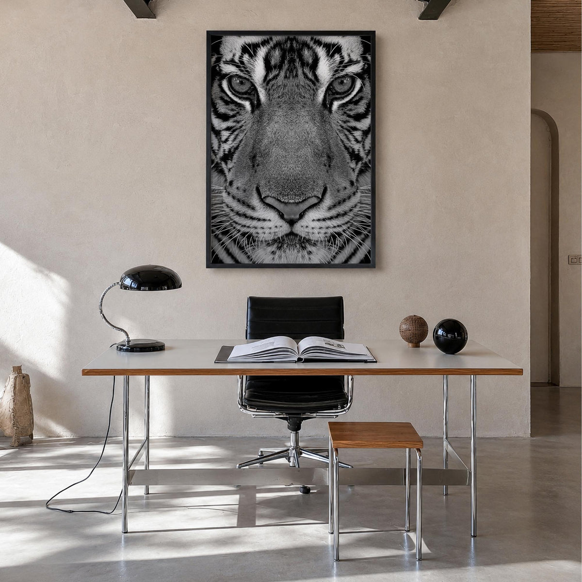 Tiger no. 1 black & white photo poster – vertical wall art in black wood frame, hanging on wall