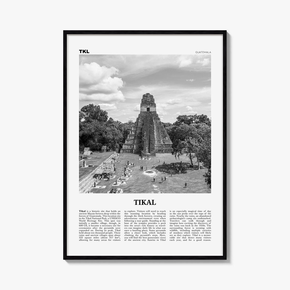 Tikal black & white newspaper poster of Guatemala – vertical wall art, unframed print shown in interior mockup