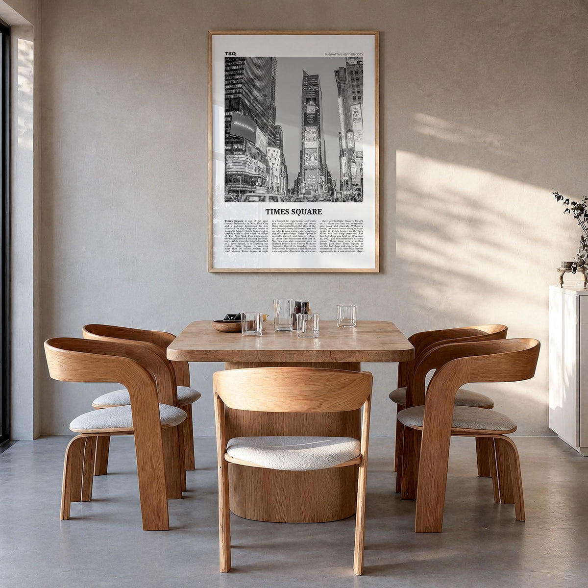 Times Square black & white newspaper poster of New York, USA – vertical wall art in natural wood frame, hanging on wall