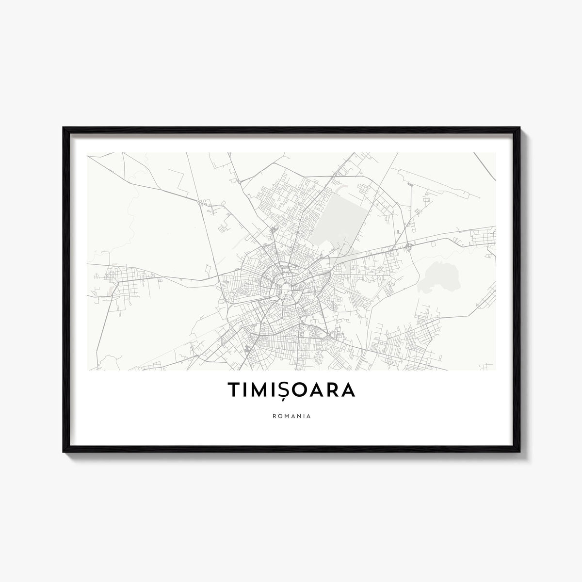 Timișoara black & white map poster of Romania – horizontal wall art, unframed print shown in interior mockup
