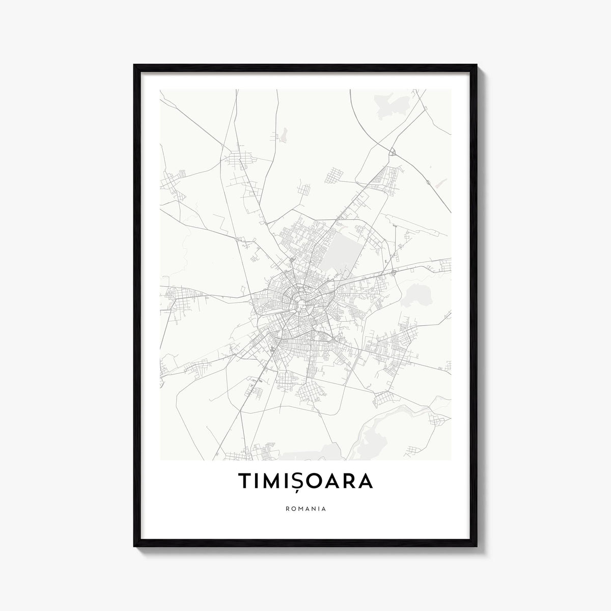 Timișoara black & white map poster of Romania – vertical wall art, unframed print shown in interior mockup