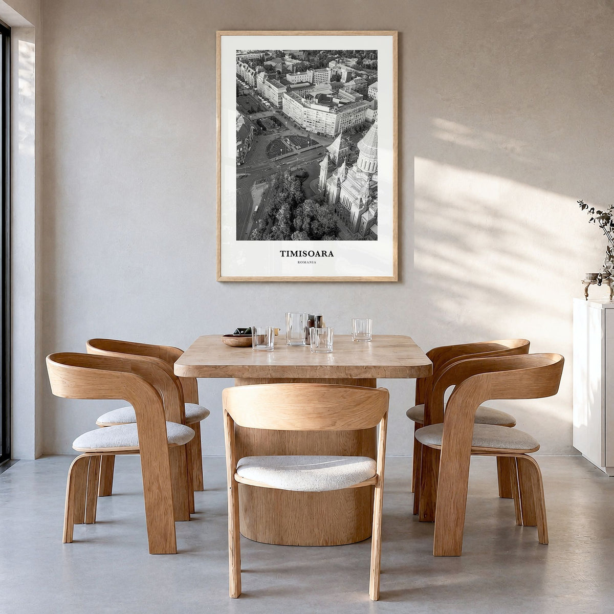 Timișoara Classic No 1 Poster in a natural wood frame, hanging in a dining room