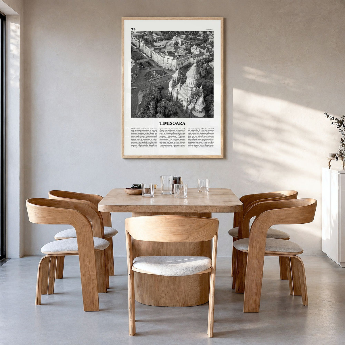 Timișoara Newspaper No 2 Poster in a natural wood frame, hanging in a dining room