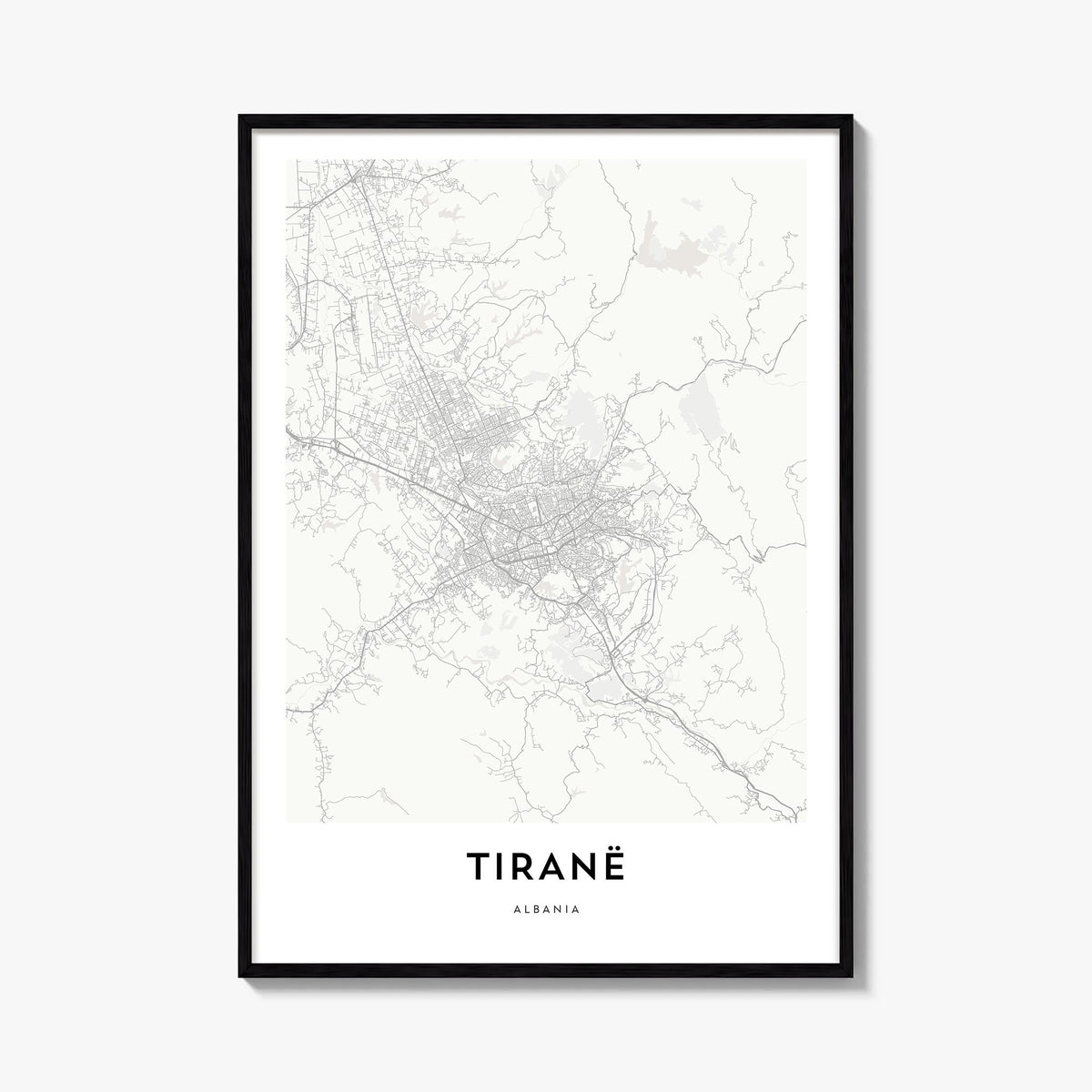 Tirana black & white map poster of Albania – vertical wall art, unframed print shown in interior mockup