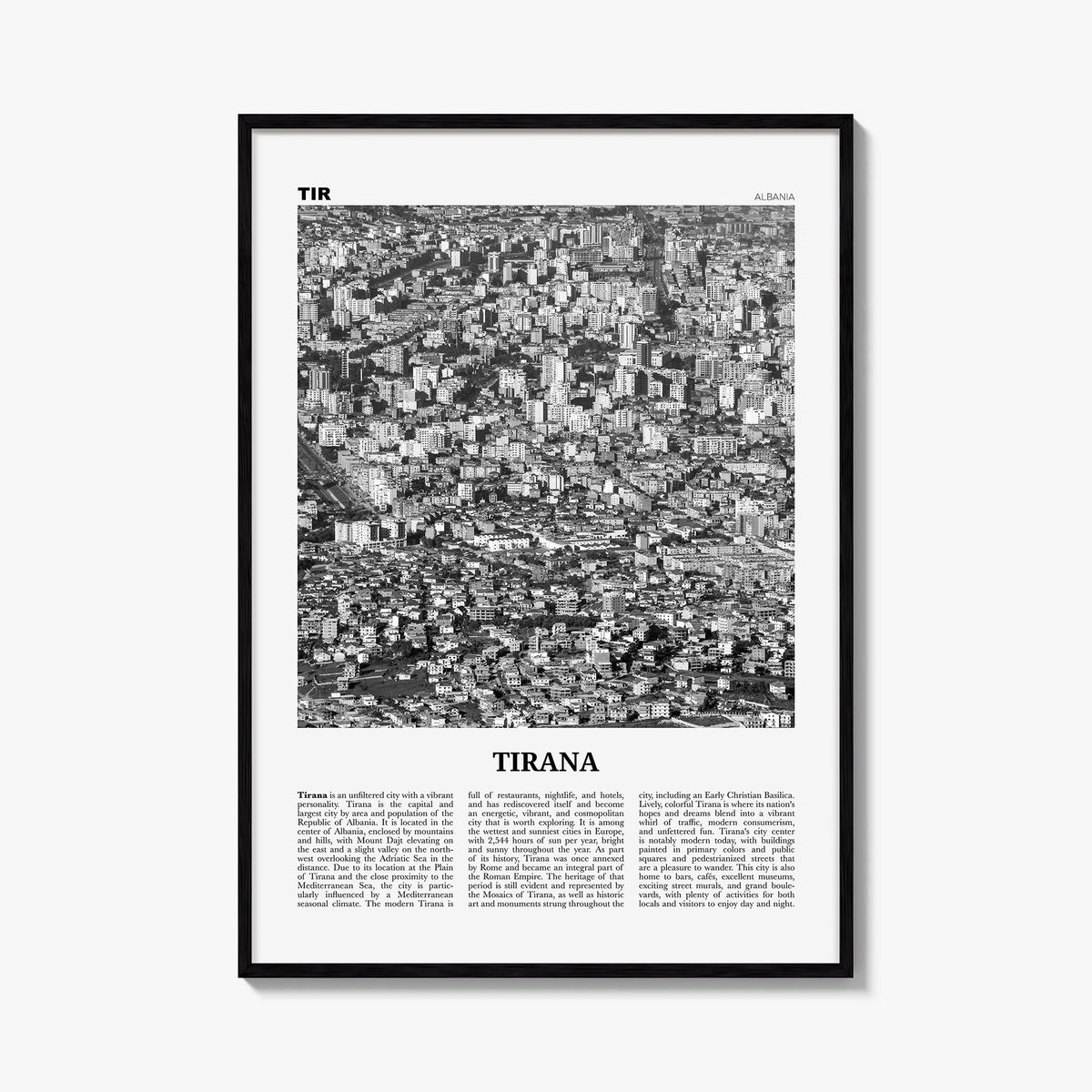Tirana black & white newspaper poster of Albania – vertical wall art, unframed print shown in interior mockup