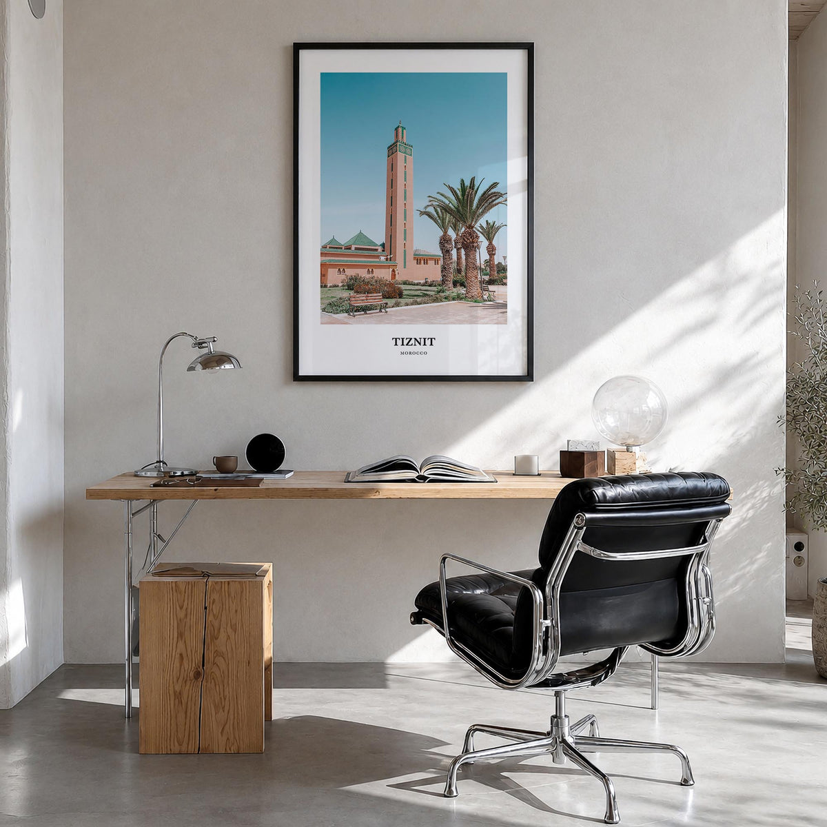 Tiznit colorful classic poster of Morocco – vertical wall art in black wood frame, hanging on wall