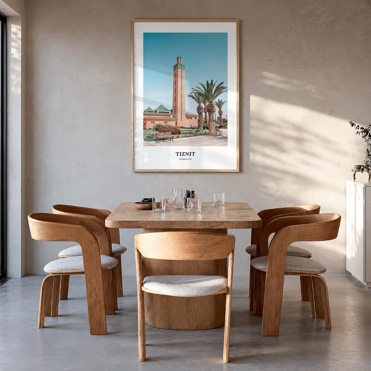Tiznit colorful classic poster of Morocco – vertical wall art in natural wood frame, hanging on wall