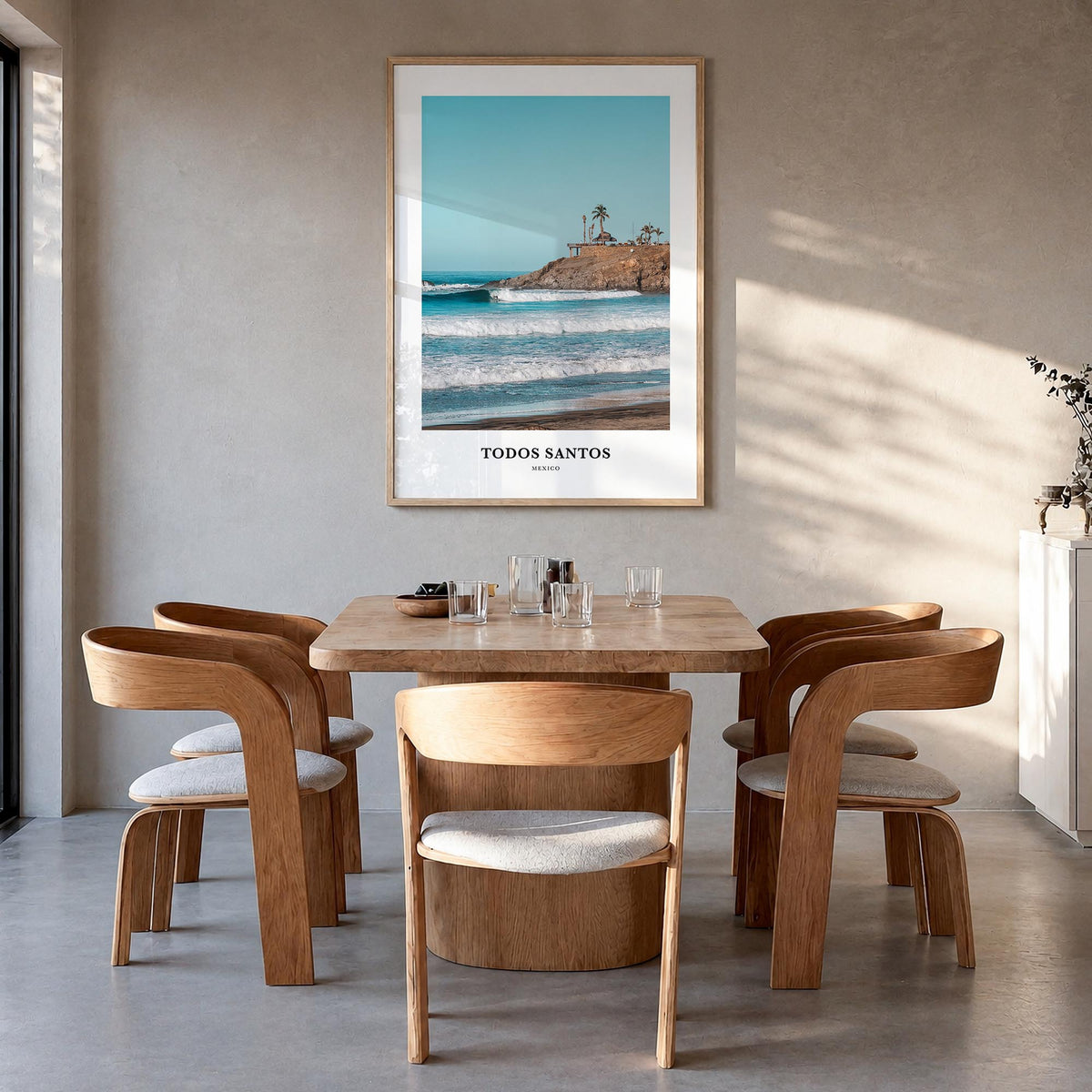 Todos Santos colorful classic poster of Mexico – vertical wall art in natural wood frame, hanging on wall