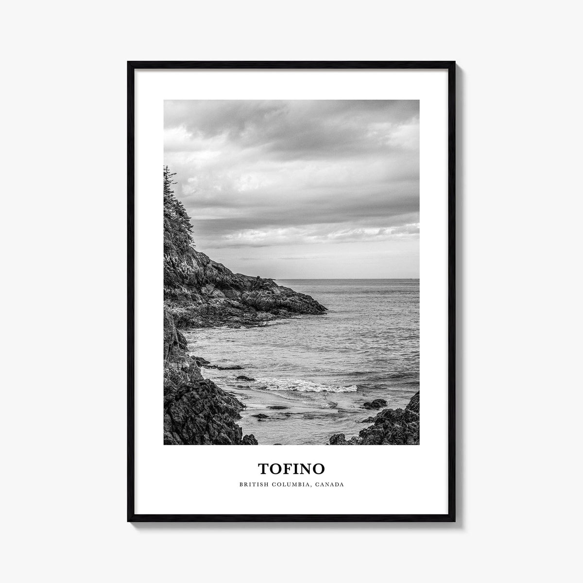 Tofino black & white classic poster of British Columbia, Canada – vertical wall art, unframed print shown in interior mockup