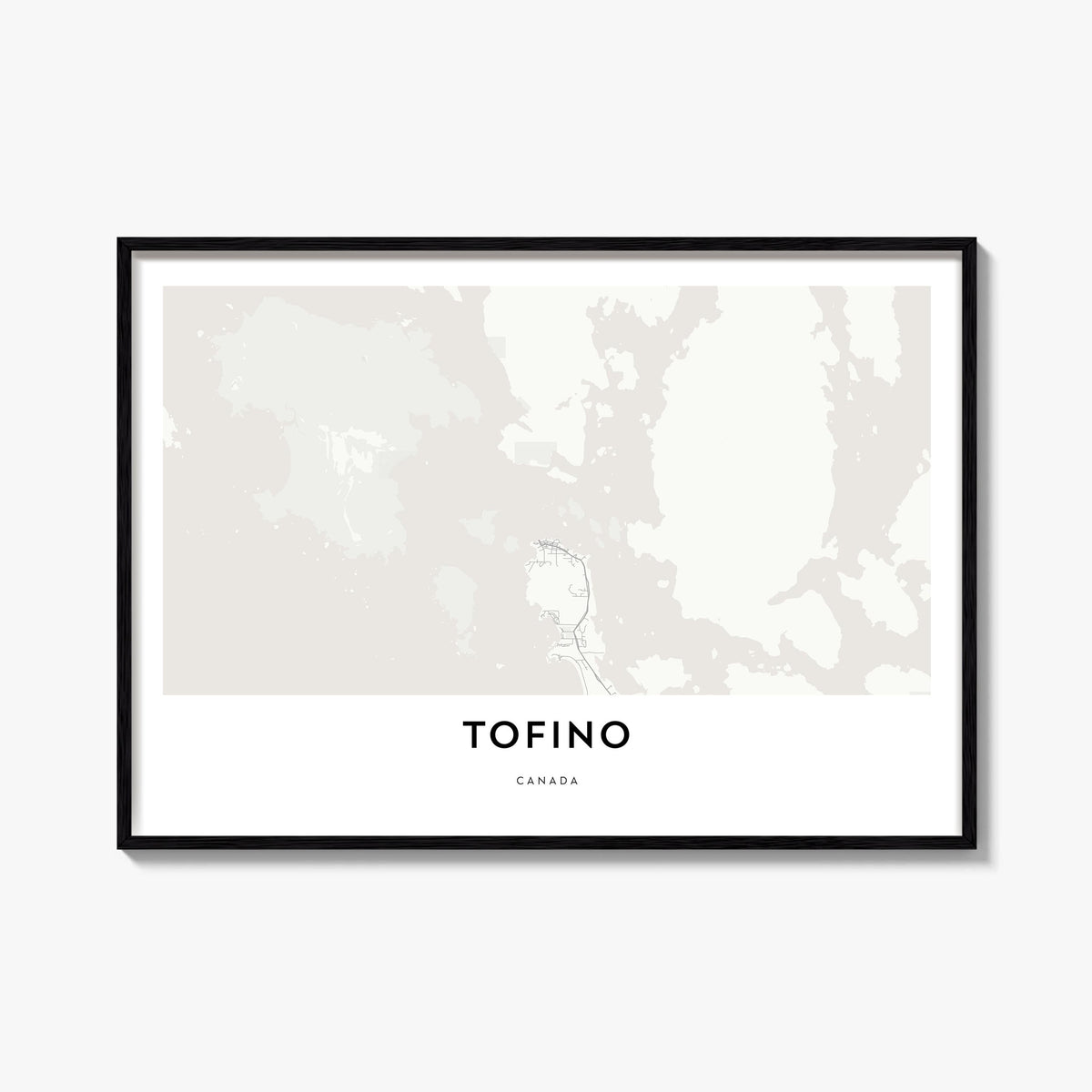 Tofino black & white map poster of British Columbia, Canada – horizontal wall art, unframed print shown in interior mockup