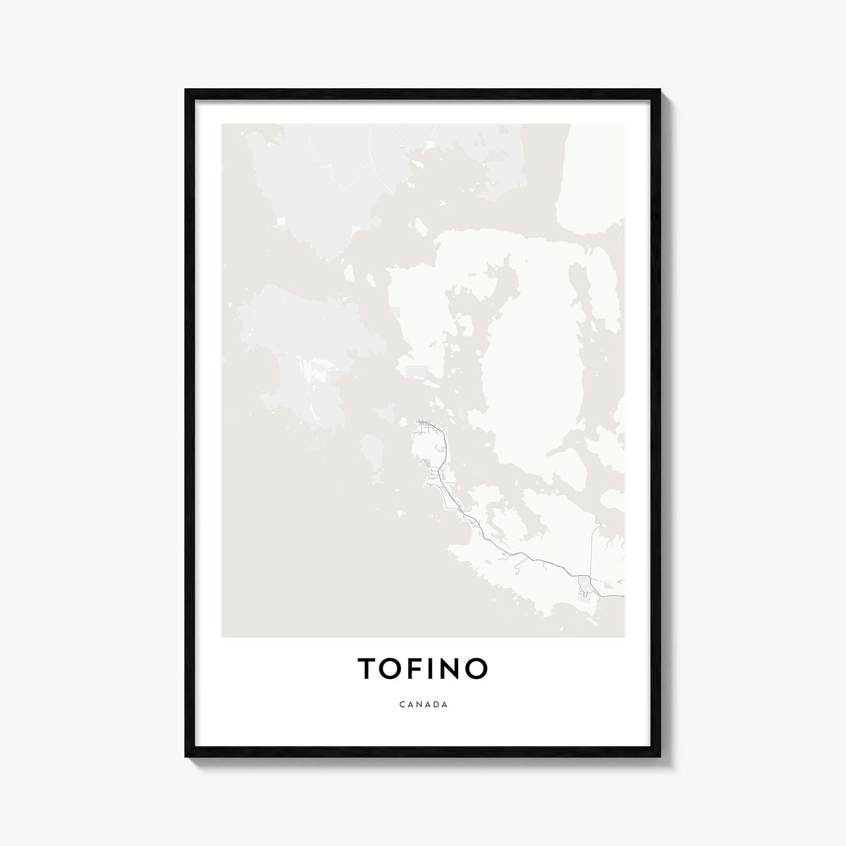 Tofino black & white map poster of British Columbia, Canada – vertical wall art, unframed print shown in interior mockup