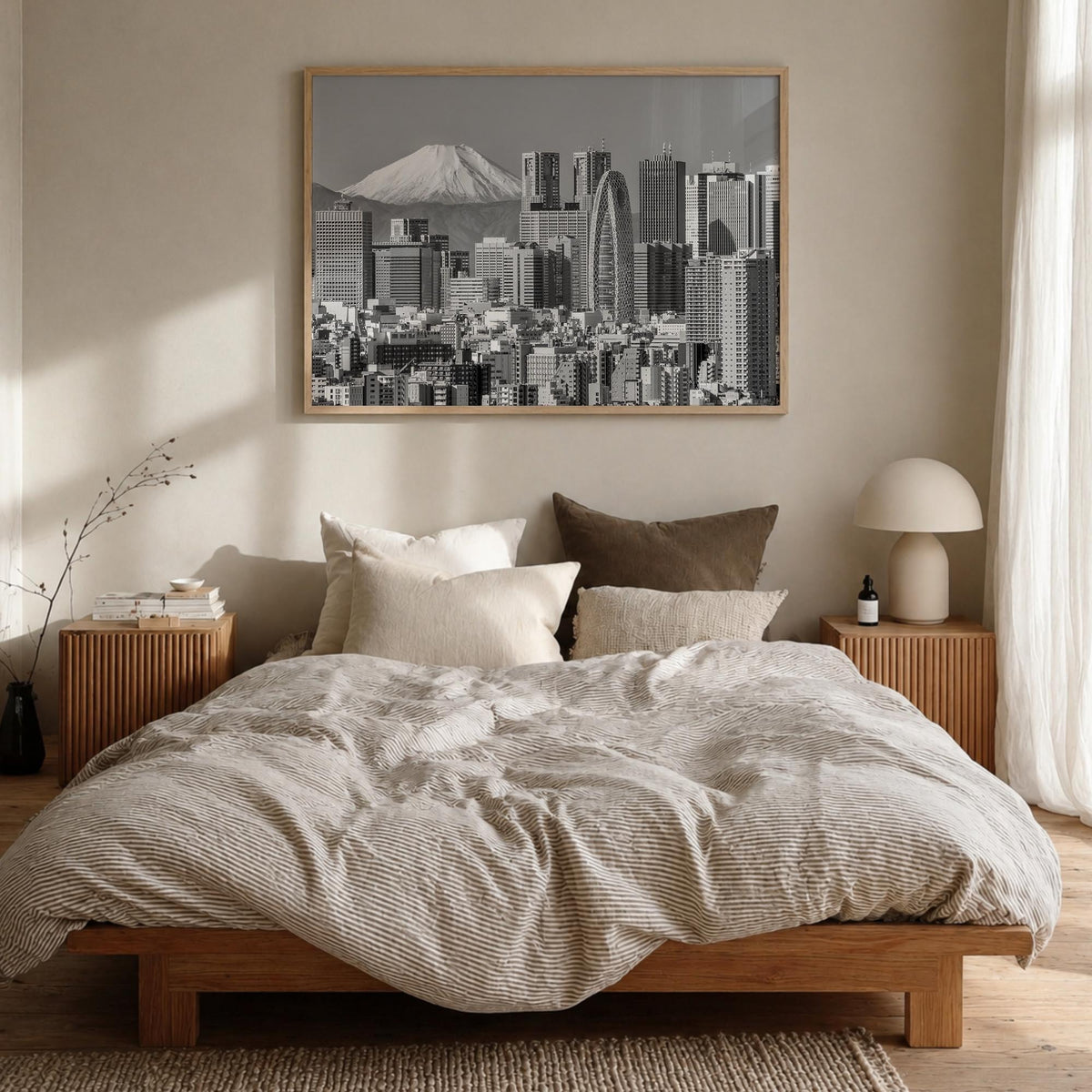 Tokyo black & white photo poster of Japan – horizontal wall art in natural wood frame, hanging on wall