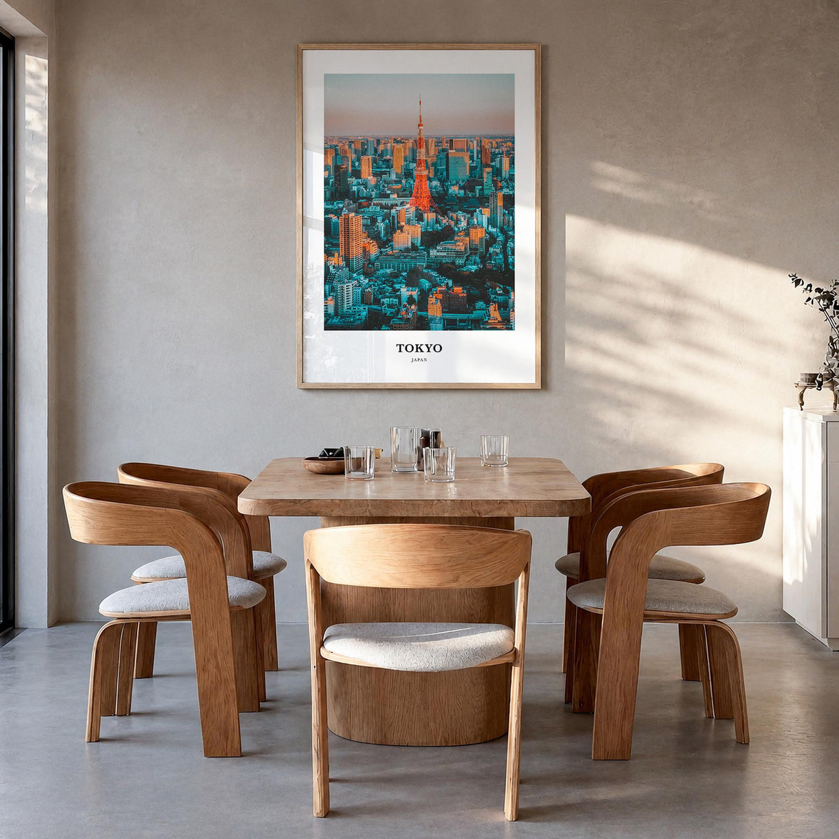 Tokyo colorful classic poster of Japan – vertical wall art in natural wood frame, hanging on wall