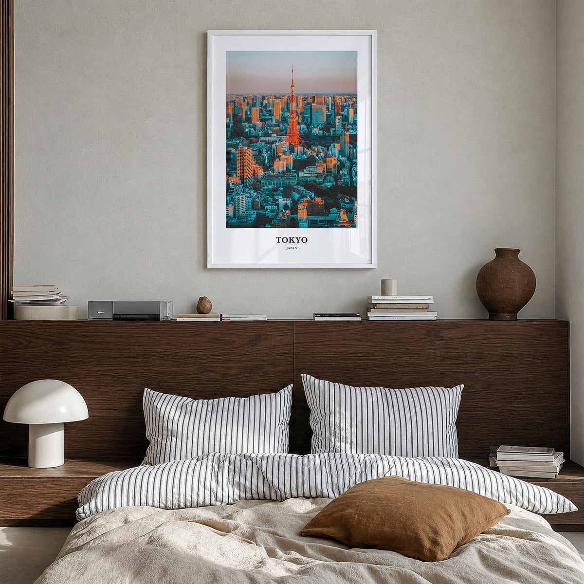 Tokyo colorful classic poster of Japan – vertical wall art in white wood frame, hanging on wall