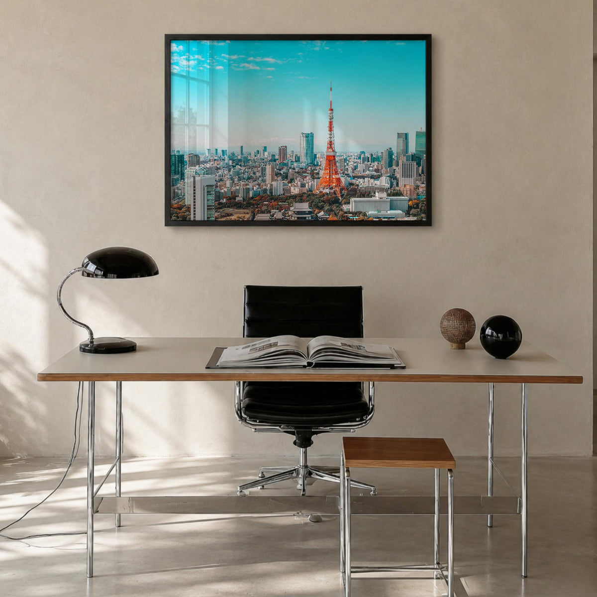 Tokyo colorful photo poster of Japan – horizontal wall art in black wood frame, hanging on wall