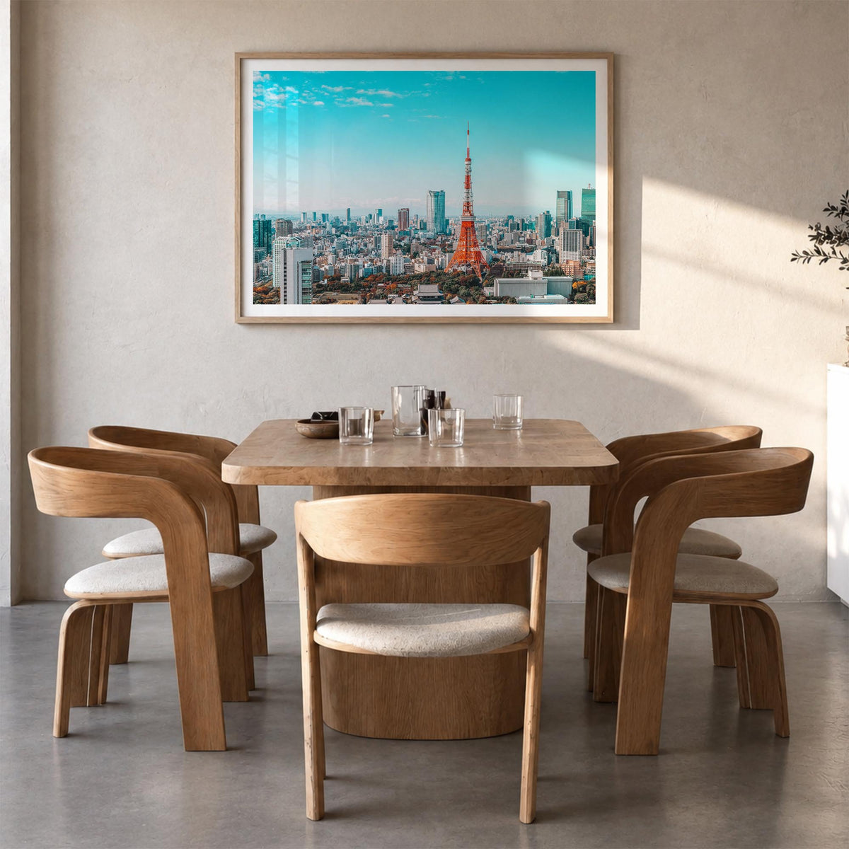 Tokyo colorful photo poster of Japan – horizontal wall art in natural wood frame with white border, hanging on wall