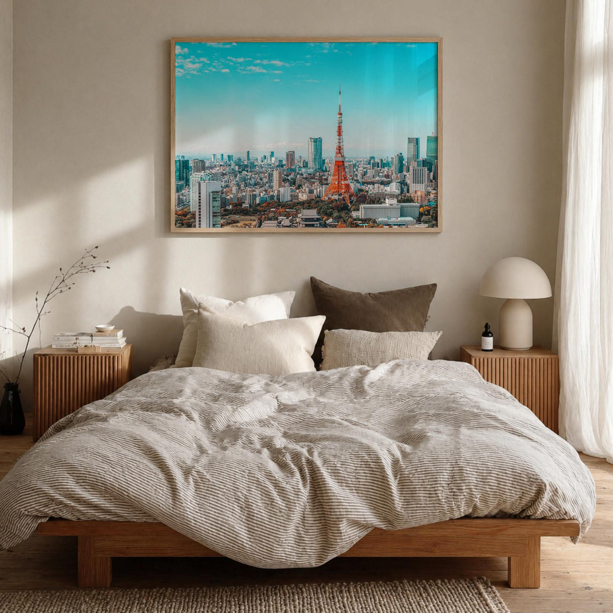 Tokyo colorful photo poster of Japan – horizontal wall art in natural wood frame, hanging on wall