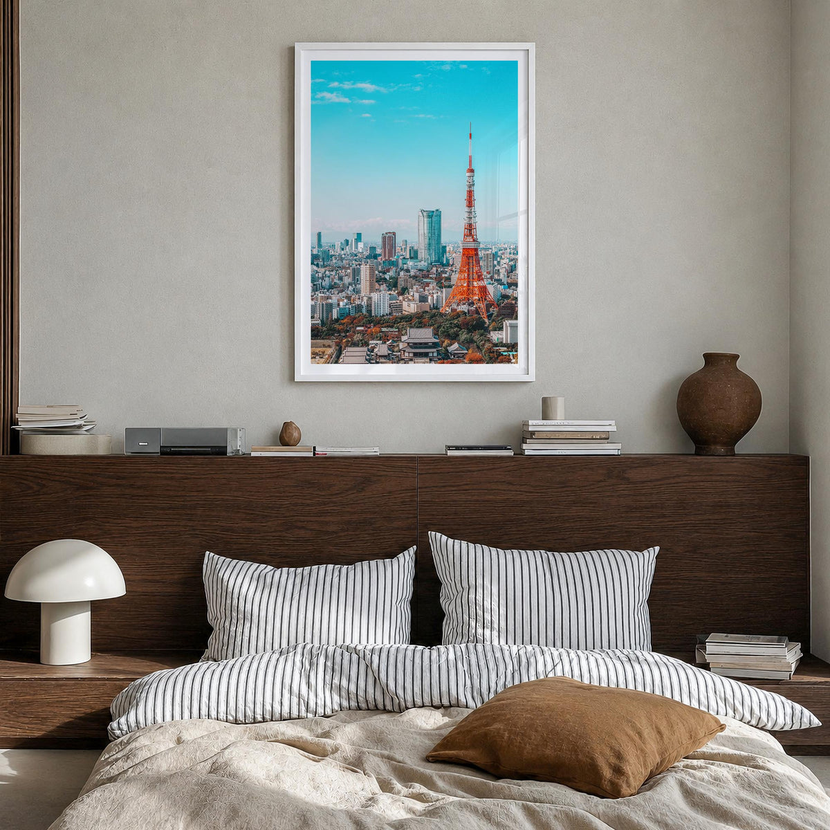 Tokyo no. 1 colorful photo poster of Japan – vertical wall art in white wood frame with white border, hanging on wall