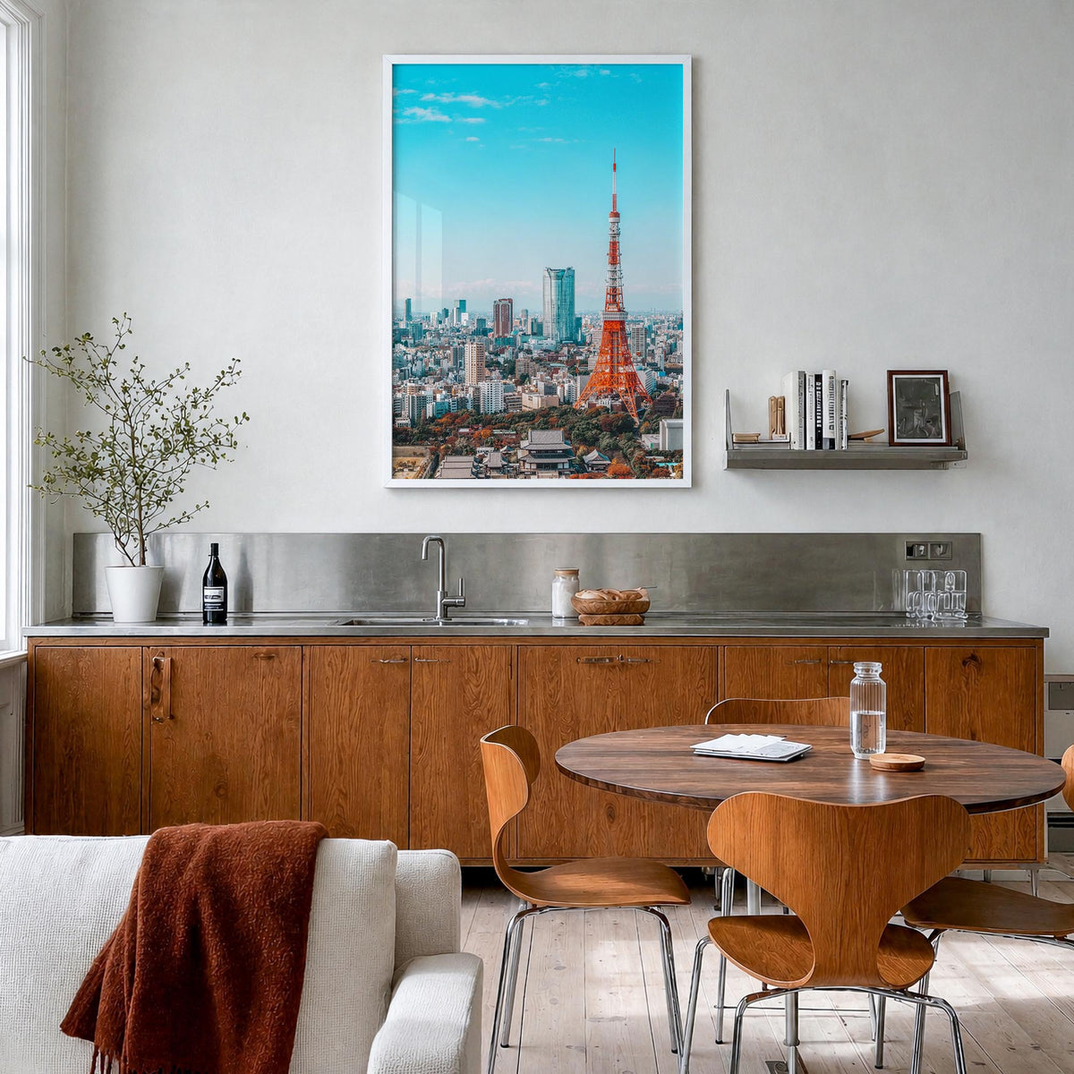 Tokyo no. 1 colorful photo poster of Japan – vertical wall art in white wood frame, hanging on wall