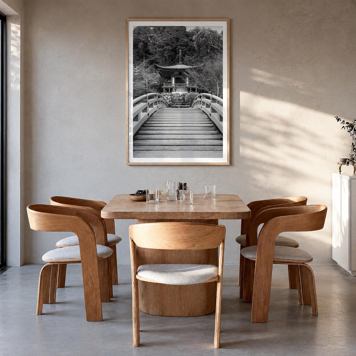 Tokyo no. 2 black & white photo poster of Japan – vertical wall art in natural wood frame with white border, hanging on wall