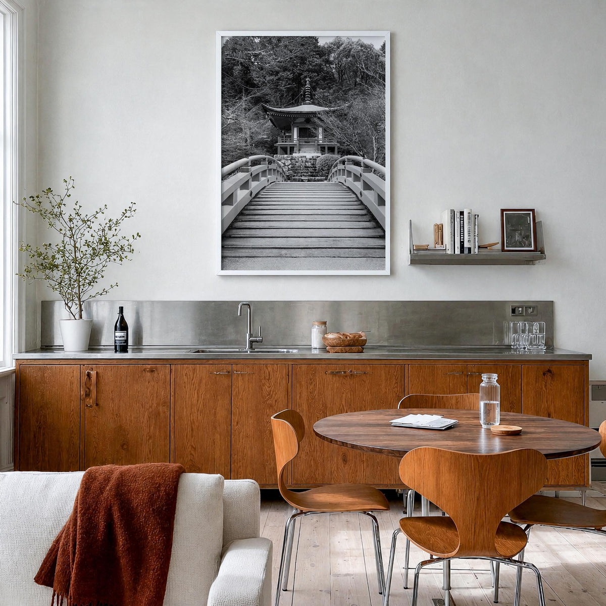 Tokyo no. 2 black & white photo poster of Japan – vertical wall art in white wood frame, hanging on wall