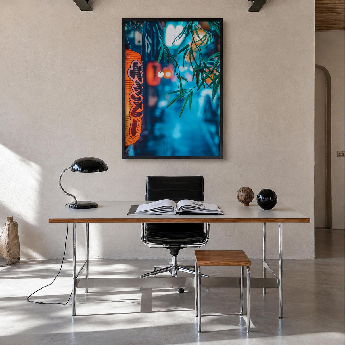 Tokyo no. 2 colorful photo poster of Japan – vertical wall art in black wood frame, hanging on wall