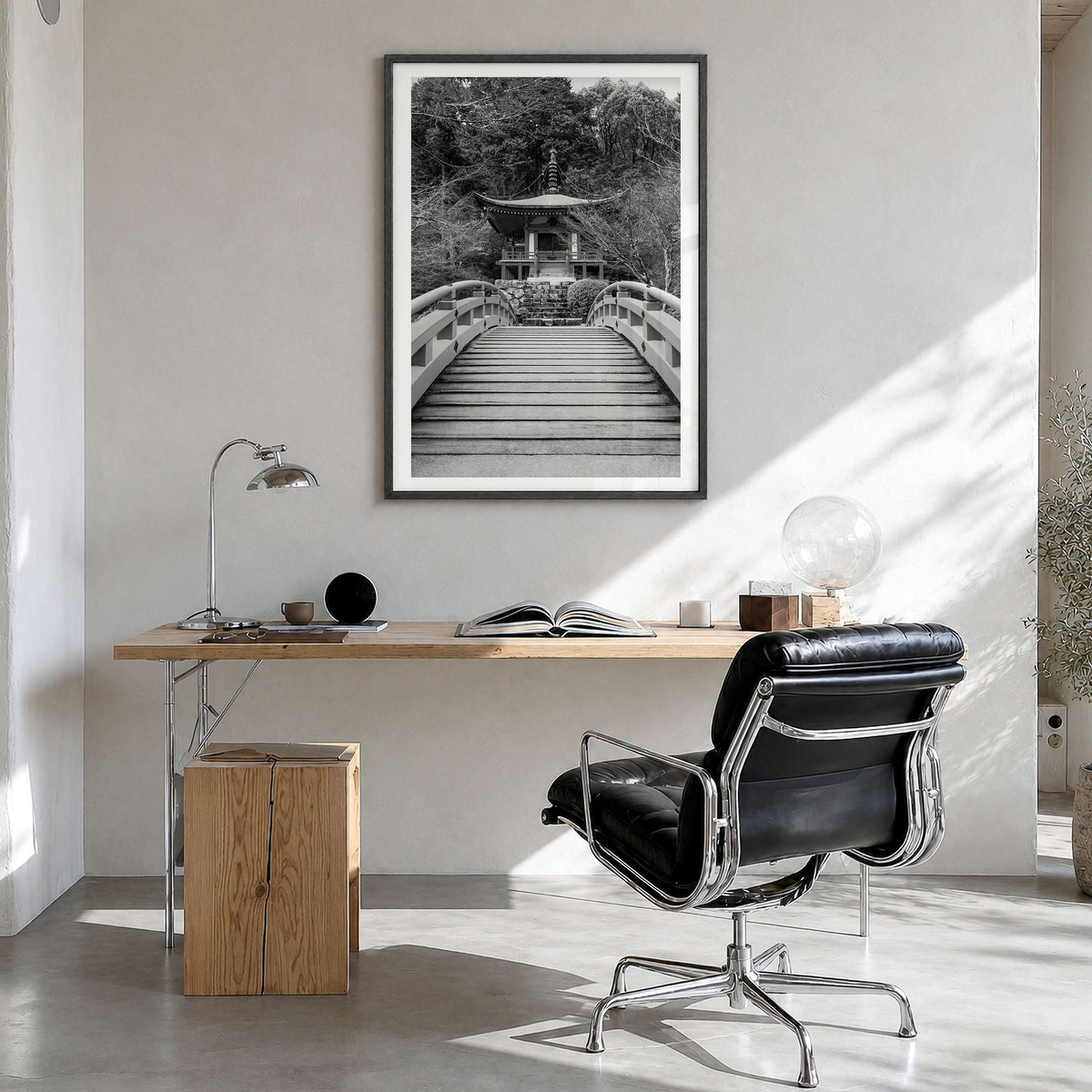 Tokyo Photo No 2 Poster in a black wood frame, hanging in a bright home office, white border