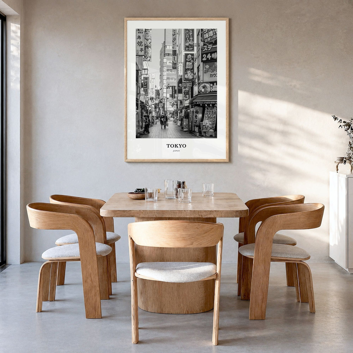 Tokyo Classic No 1 Poster in a natural wood frame, hanging in a dining room
