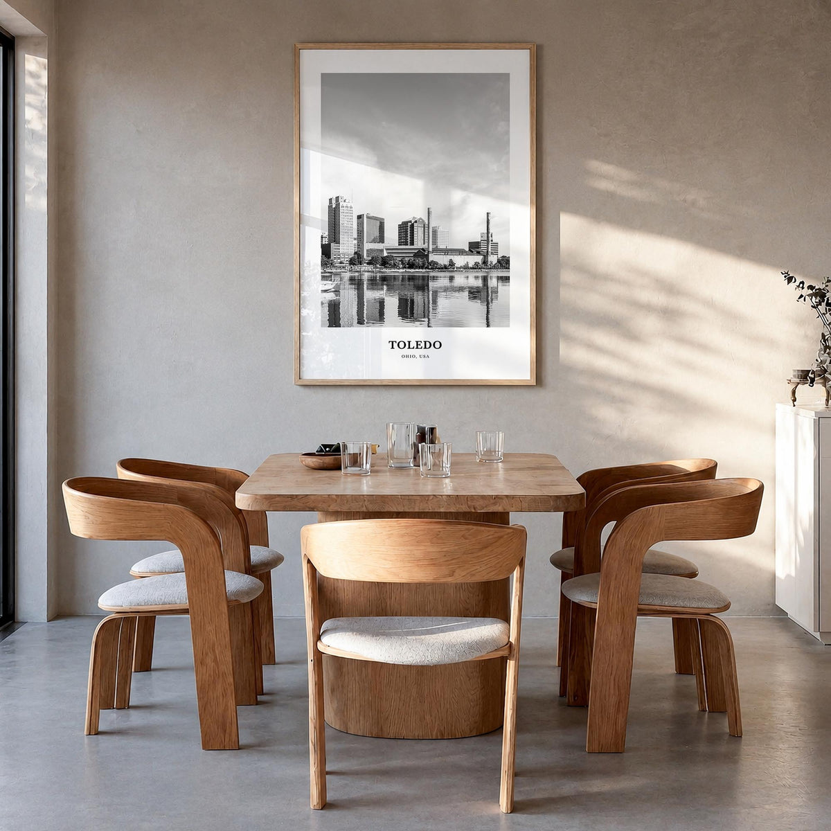 Toledo, Ohio black & white classic poster of Ohio, USA – vertical wall art in natural wood frame, hanging on wall