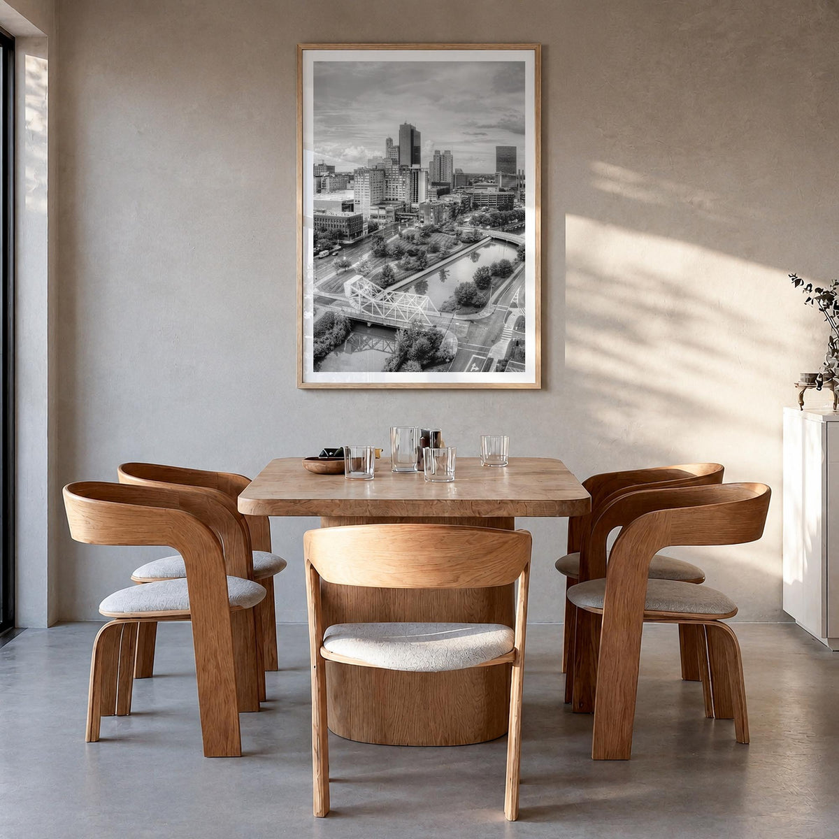 Toledo, Ohio black & white photo poster of Ohio, USA – vertical wall art in natural wood frame with white border, hanging on