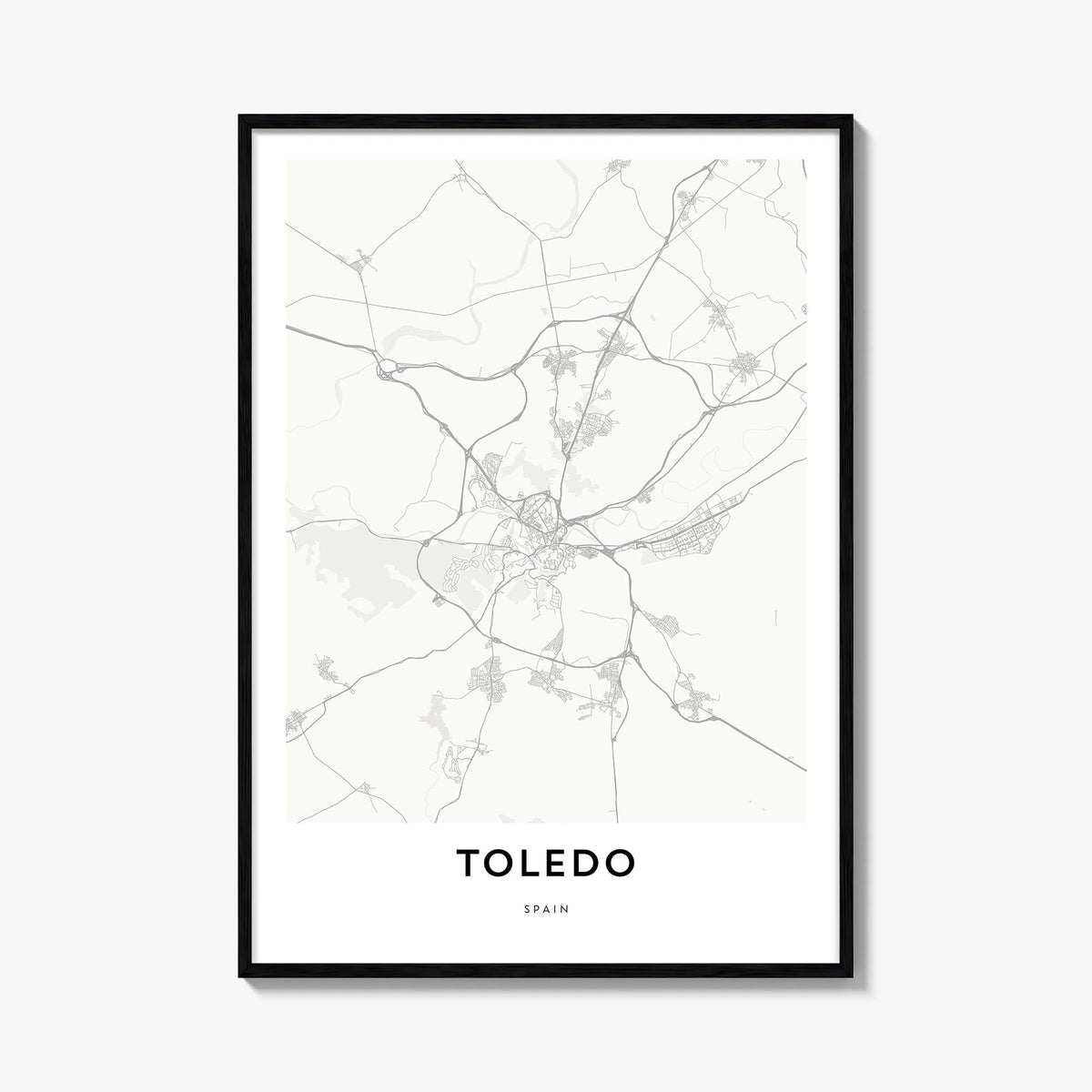 Toledo, Spain black & white map poster of Spain – vertical wall art, unframed print shown in interior mockup