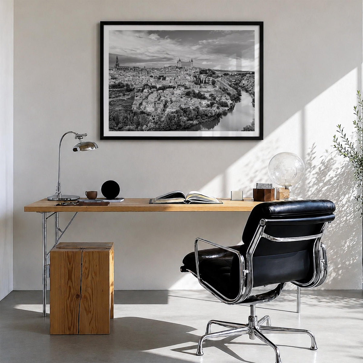 Toledo, Spain black & white photo poster of Spain – horizontal wall art in black wood frame with white border, hanging on wal