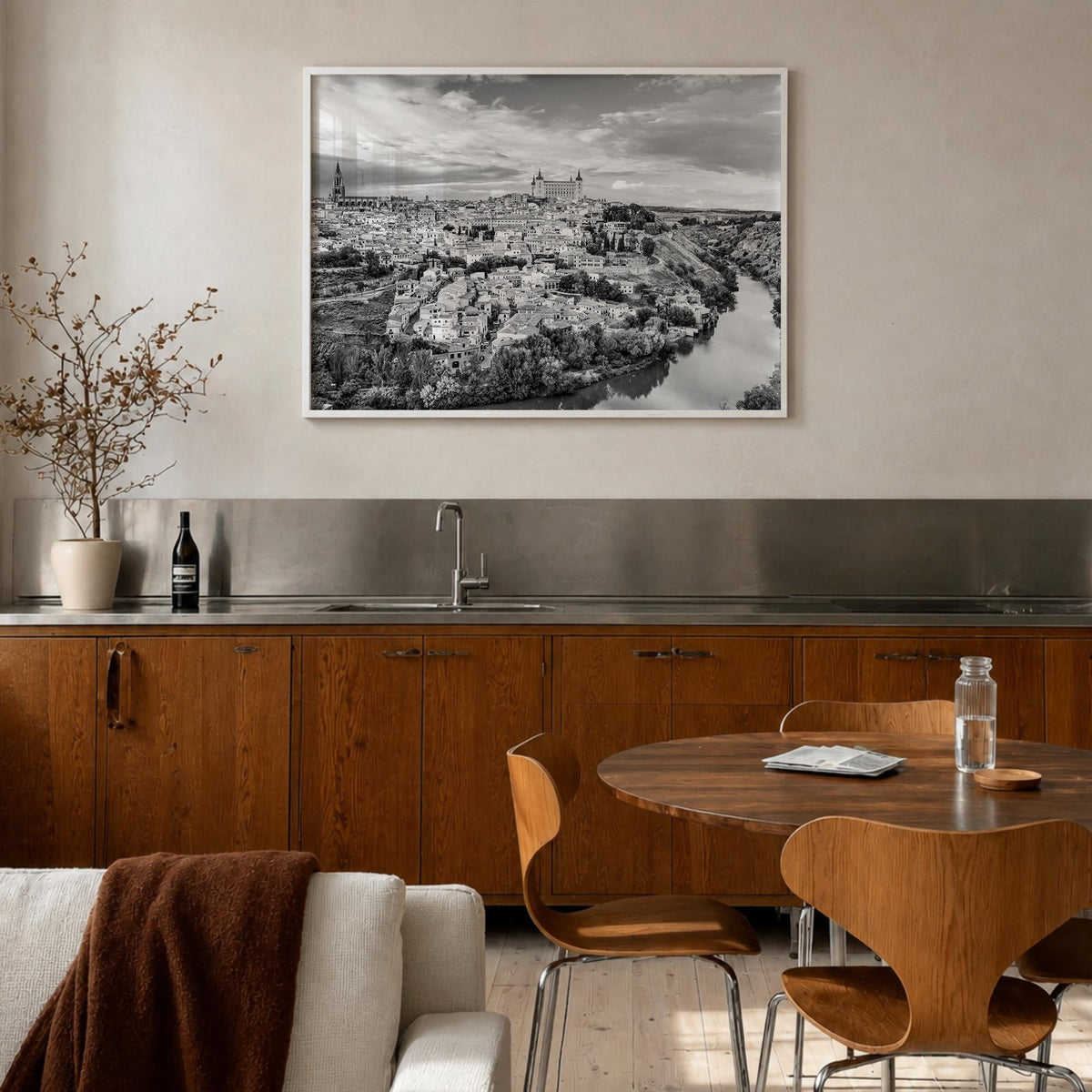 Toledo, Spain black & white photo poster of Spain – horizontal wall art in white wood frame, hanging on wall