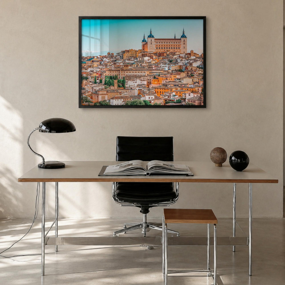 Toledo, Spain colorful photo poster of Spain – horizontal wall art in black wood frame, hanging on wall