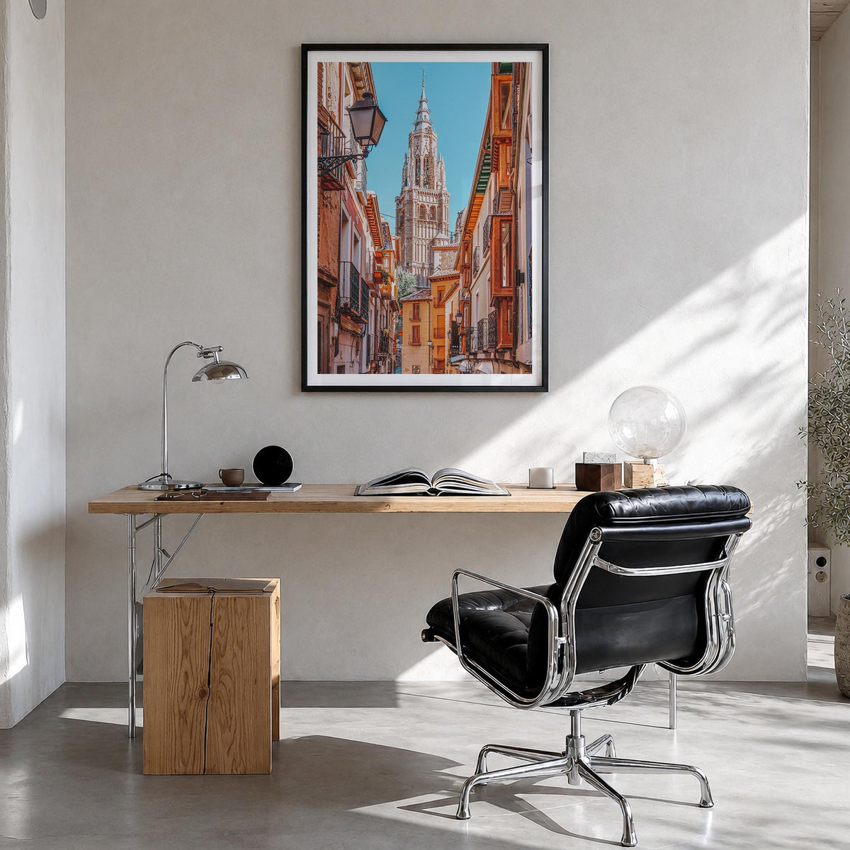 Toledo, Spain no. 1 colorful photo poster of Spain – vertical wall art in black wood frame with white border, hanging on wall