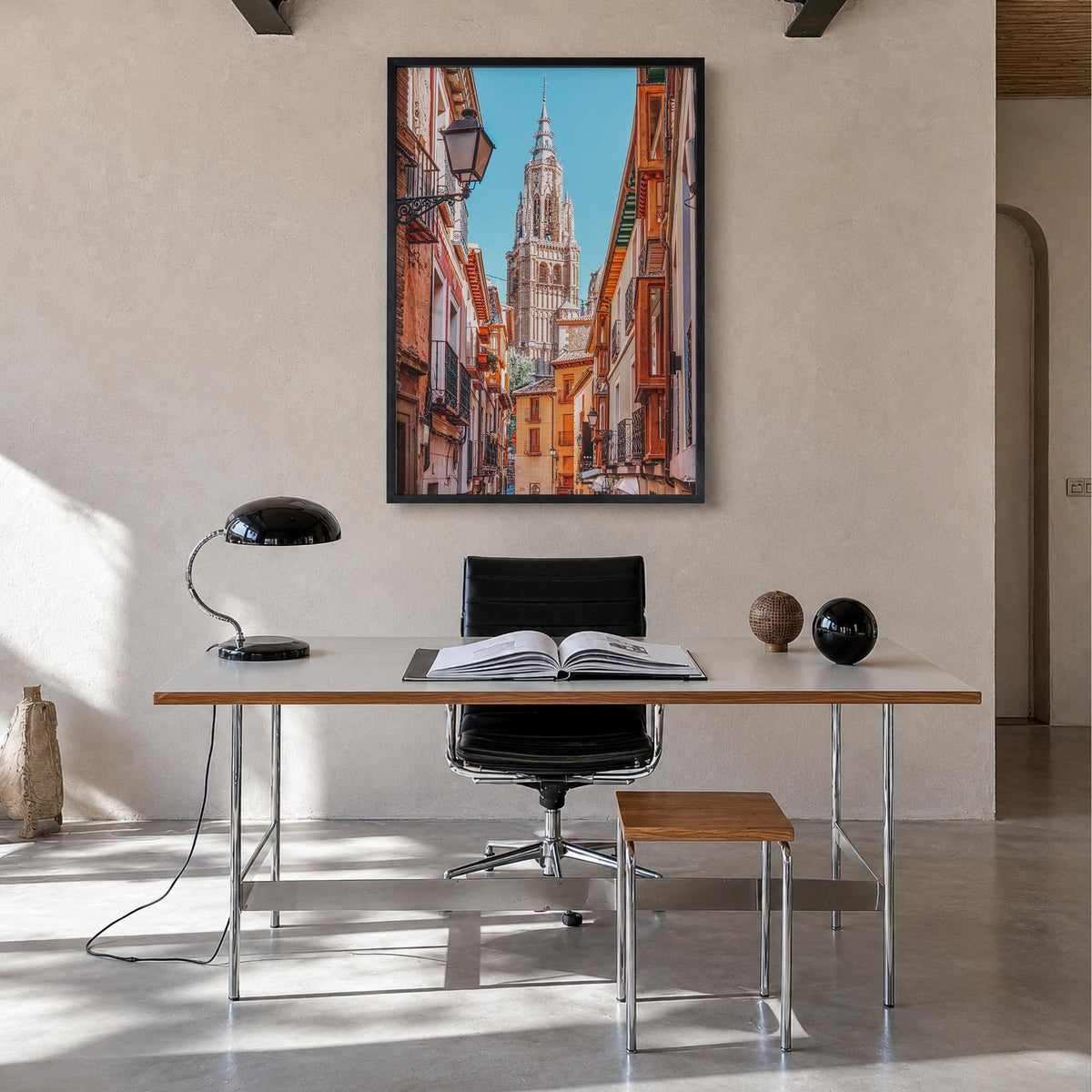 Toledo, Spain no. 1 colorful photo poster of Spain – vertical wall art in black wood frame, hanging on wall