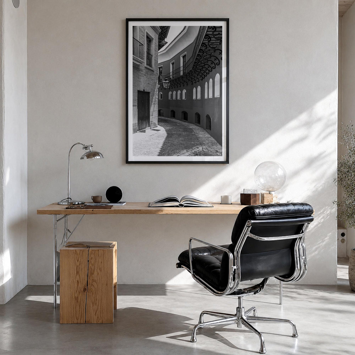 Toledo, Spain no. 2 black & white photo poster of Spain – vertical wall art in black wood frame with white border, hanging on