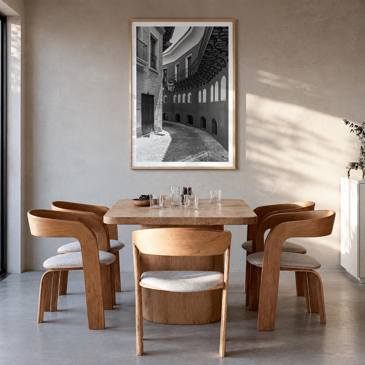 Toledo, Spain no. 2 black & white photo poster of Spain – vertical wall art in natural wood frame with white border, hanging