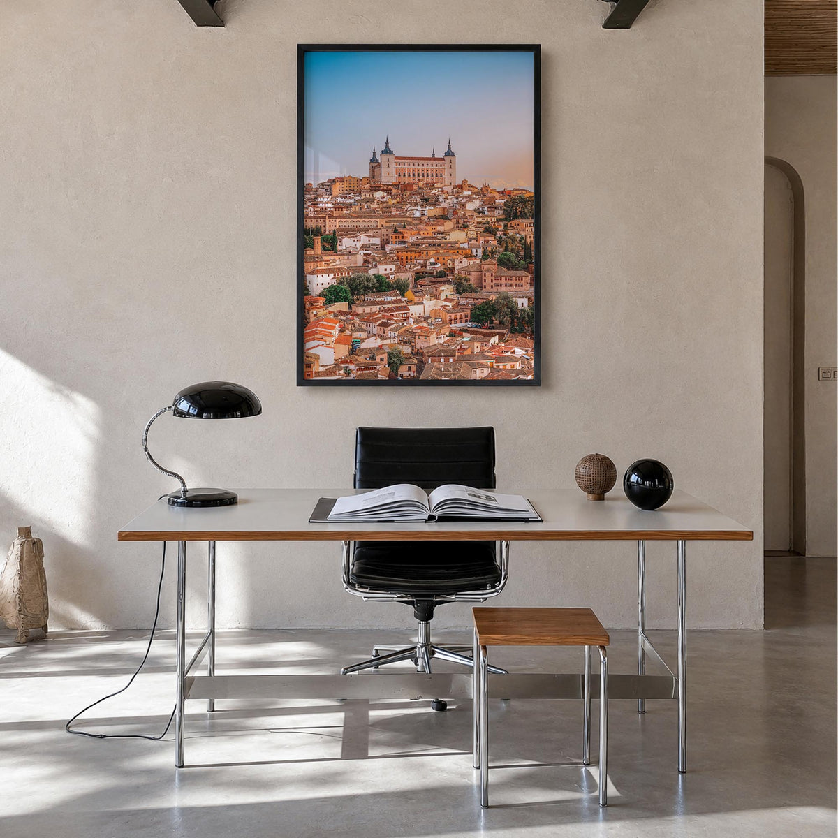 Toledo, Spain no. 2 colorful photo poster of Spain – vertical wall art in black wood frame, hanging on wall
